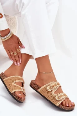 Best Szydełkowe Klapki Damskie Ze Złotymi Klamrami Camel Fenira Damskie Klapki Korkowe|Klapki Na Platformie