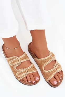 Best Szydełkowe Klapki Damskie Ze Złotymi Klamrami Camel Fenira Damskie Klapki Korkowe|Klapki Na Platformie