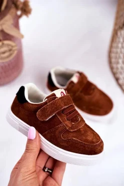 Chłopięce|Dziewczęce>Boto Tenisówki Dziecięce na Rzepy Zamszowe Brązowe Trelmo