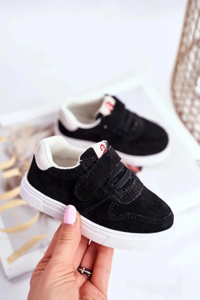 Tenisówki Dziecięce na Rzepy Zamszowe Czarne Trelmo Dzieci Chłopięce|Dziewczęce