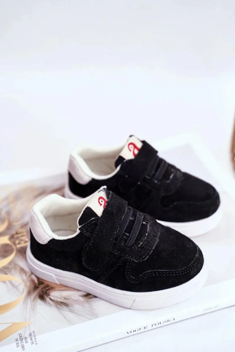 Tenisówki Dziecięce na Rzepy Zamszowe Czarne Trelmo Dzieci Chłopięce|Dziewczęce