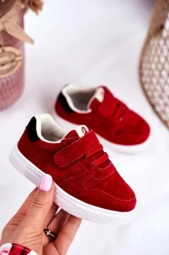 Outlet Tenisówki Dziecięce na Rzepy Zamszowe Czerwone Trelmo Dzieci Chłopięce|Dziewczęce