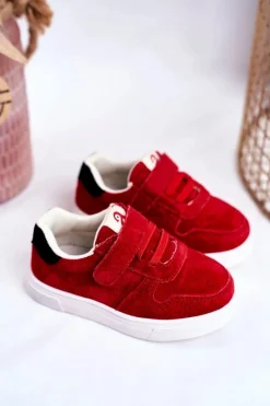 Outlet Tenisówki Dziecięce na Rzepy Zamszowe Czerwone Trelmo Dzieci Chłopięce|Dziewczęce