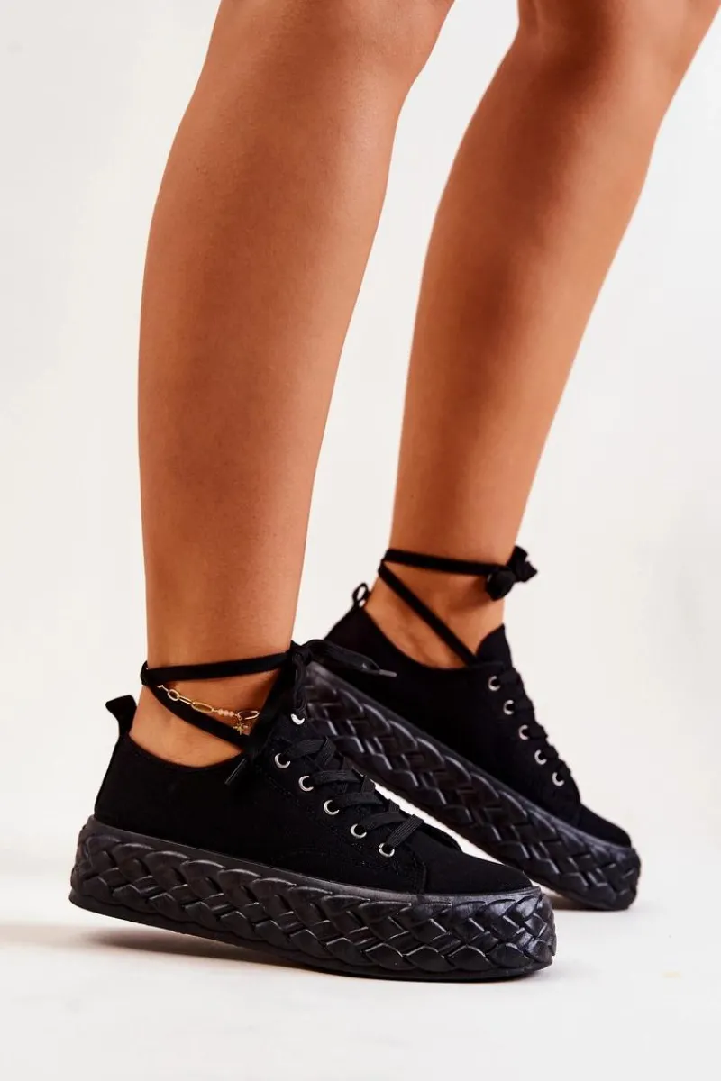 Trampki Damskie Niskie>Boto Tenisówki Na Masywnej Platformie Czarne Suzane