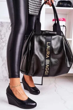 Torba Shopper Na Ramię LAURA BIAGGI Czarna Lakierowana Torebki Klasyczne