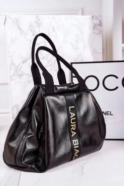 Torba Shopper Na Ramię LAURA BIAGGI Czarna Lakierowana Torebki Klasyczne