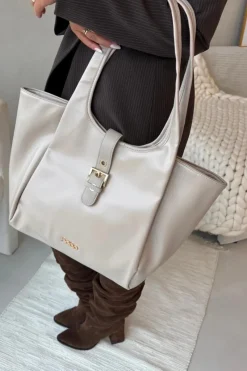 Hot Nobo Torebka Shopperka Z Klamrą BAG6010-015 Jasnobeżowa Beżowy