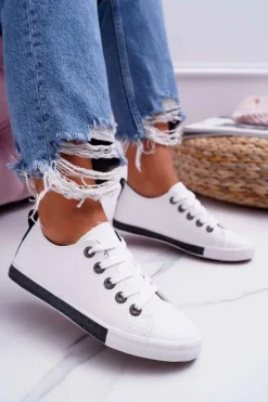 Outlet Boto Trampki Damskie Białe Czarny Pasek Nigrid2