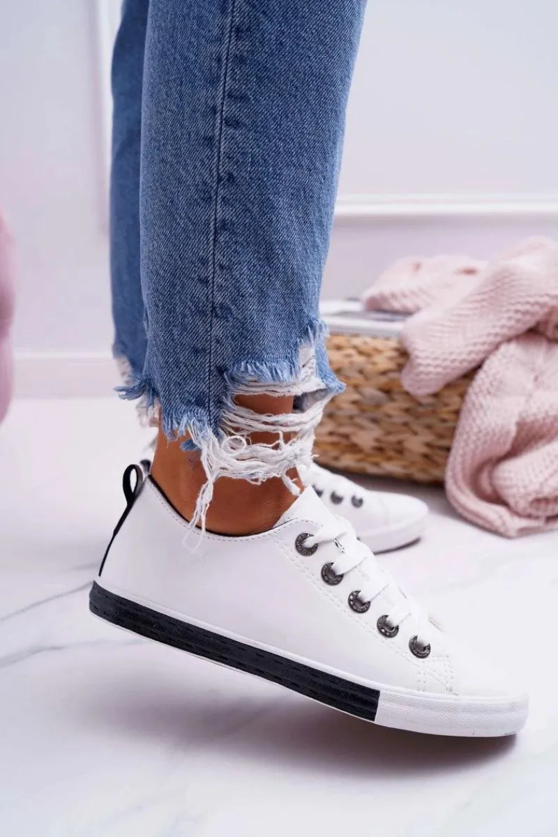 Outlet Boto Trampki Damskie Białe Czarny Pasek Nigrid2