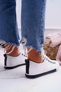 Outlet Boto Trampki Damskie Białe Czarny Pasek Nigrid2