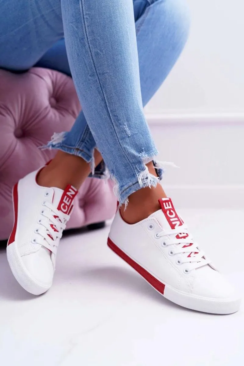 Trampki Damskie Niskie>Boto Trampki Damskie Białe Czerwony Pasek Nigrid