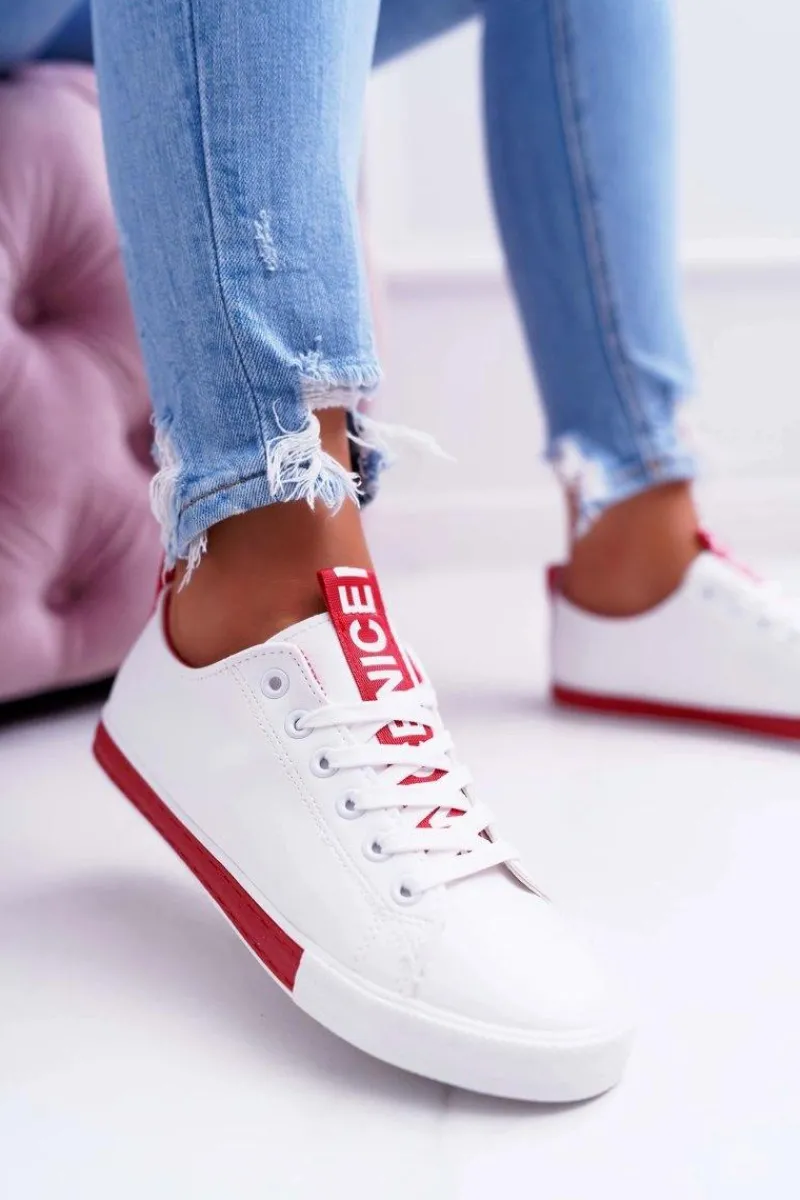 Trampki Damskie Niskie>Boto Trampki Damskie Białe Czerwony Pasek Nigrid