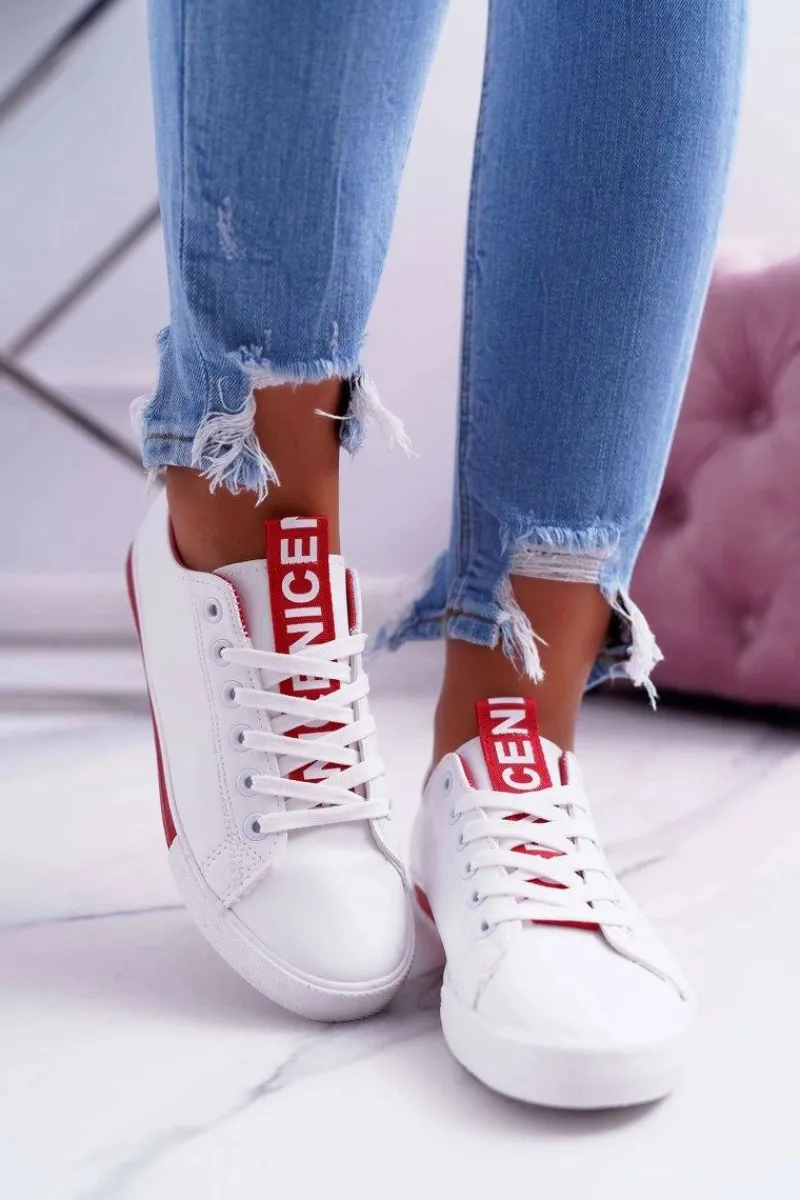 Trampki Damskie Niskie>Boto Trampki Damskie Białe Czerwony Pasek Nigrid