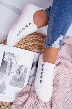 Trampki Damskie Niskie>Boto Trampki Damskie Białe Różowy Pasek Nigrid2