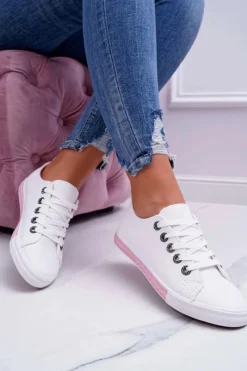 Trampki Damskie Niskie></noscript>Boto Trampki Damskie Białe Różowy Pasek Nigrid2