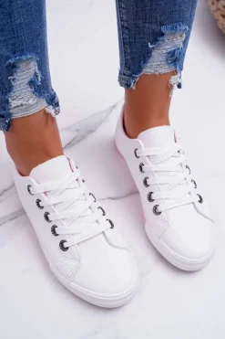 Trampki Damskie Niskie></noscript>Boto Trampki Damskie Białe Różowy Pasek Nigrid2