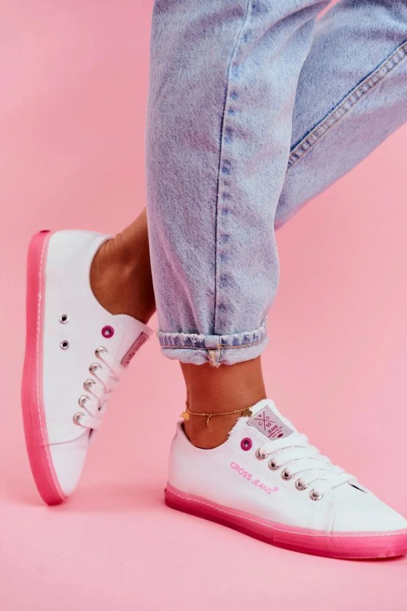 Clearance Trampki Damskie Biało Różowe FF2R4075C Damskie Trampki Damskie Cross Jeans