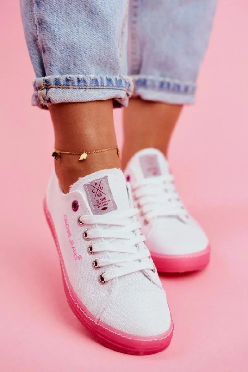 Clearance Trampki Damskie Biało Różowe FF2R4075C Damskie Trampki Damskie Cross Jeans