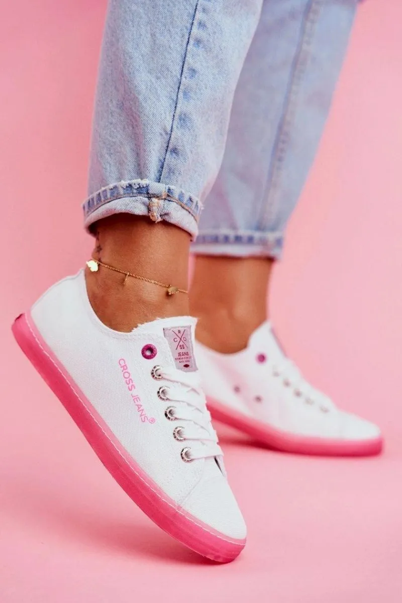 Clearance Trampki Damskie Biało Różowe FF2R4075C Damskie Trampki Damskie Cross Jeans