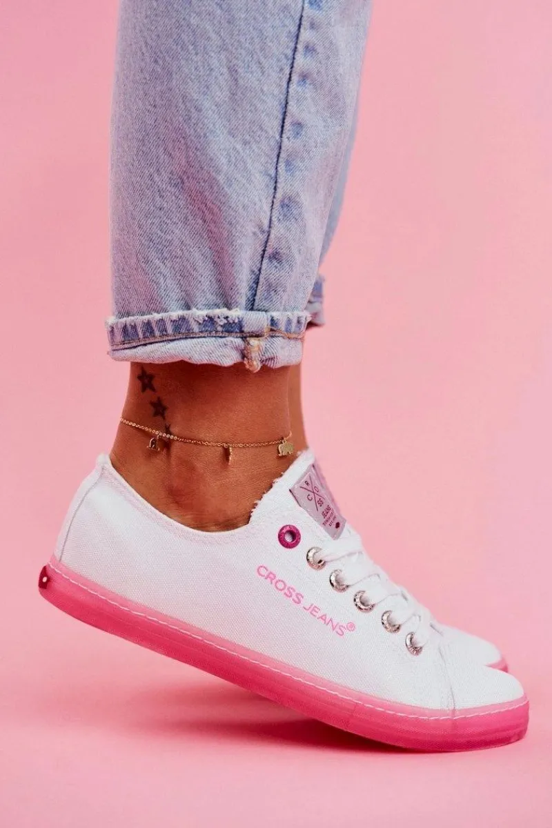 Clearance Trampki Damskie Biało Różowe FF2R4075C Damskie Trampki Damskie Cross Jeans