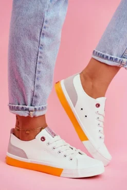 Best Trampki Damskie Biało Pomarańczowe FF2R4043C Damskie Trampki Damskie Cross Jeans