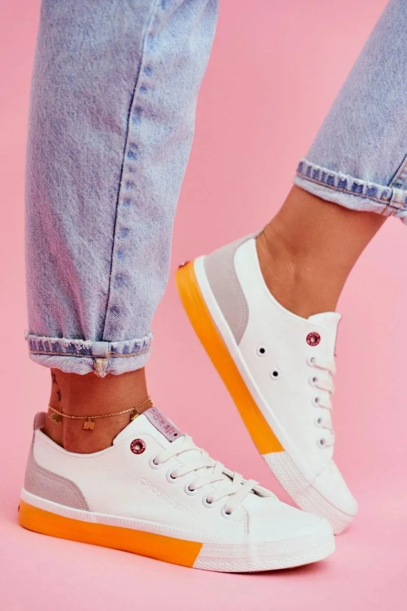 Best Trampki Damskie Biało Pomarańczowe FF2R4043C Damskie Trampki Damskie Cross Jeans