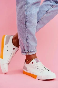 Best Trampki Damskie Biało Pomarańczowe FF2R4043C Damskie Trampki Damskie Cross Jeans