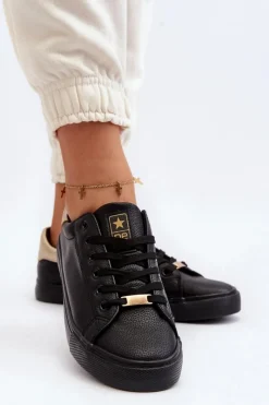 Trampki Damskie Niskie></noscript>Evento Trampki Damskie Eko Skóra Czarne Tiraelle