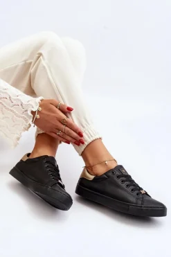 Trampki Damskie Niskie></noscript>Evento Trampki Damskie Eko Skóra Czarne Tiraelle