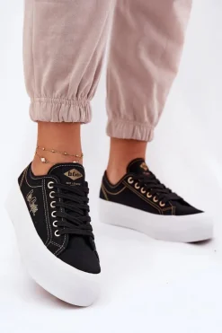 Trampki Damskie Materiałowe Na Platformie LCW-25-31-3431L Czarne Damskie Trampki Damskie Niskie