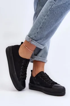 Trampki Damskie Niskie>Evento Trampki Damskie Materiałowe Czarne Staneva Czarny