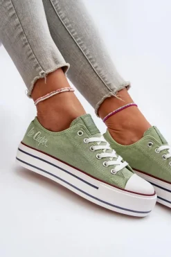 Trampki Damskie Niskie></noscript>Lee Cooper Trampki Damskie Na Grubej Podeszwie LCW-24-31-2217 Zielone