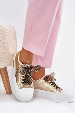 Sale Trampki Damskie Na Masywnej Platformie Z Ozdobnym Sznurowaniem Złote Zidora Damskie Trampki Damskie Niskie