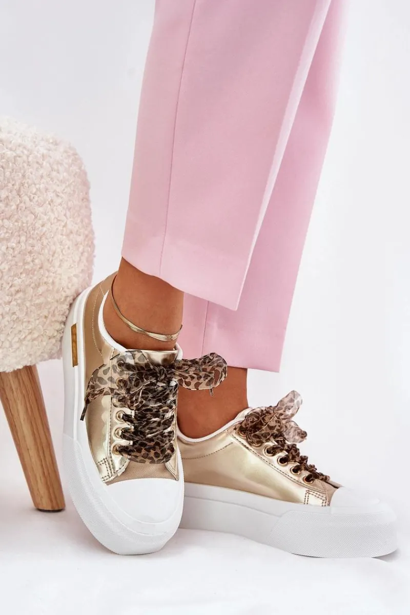 Sale Trampki Damskie Na Masywnej Platformie Z Ozdobnym Sznurowaniem Złote Zidora Damskie Trampki Damskie Niskie