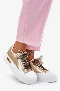 Sale Trampki Damskie Na Masywnej Platformie Z Ozdobnym Sznurowaniem Złote Zidora Damskie Trampki Damskie Niskie