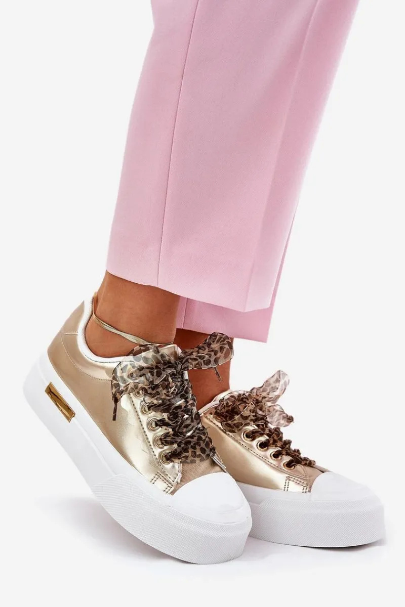 Sale Trampki Damskie Na Masywnej Platformie Z Ozdobnym Sznurowaniem Złote Zidora Damskie Trampki Damskie Niskie