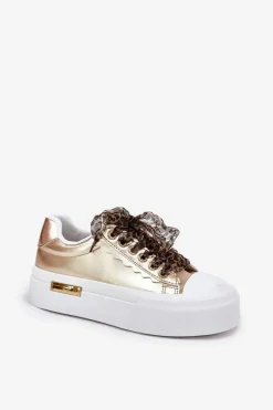 Sale Trampki Damskie Na Masywnej Platformie Z Ozdobnym Sznurowaniem Złote Zidora Damskie Trampki Damskie Niskie