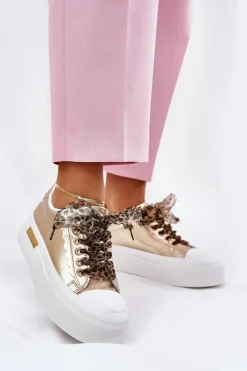 Sale Trampki Damskie Na Masywnej Platformie Z Ozdobnym Sznurowaniem Złote Zidora Damskie Trampki Damskie Niskie