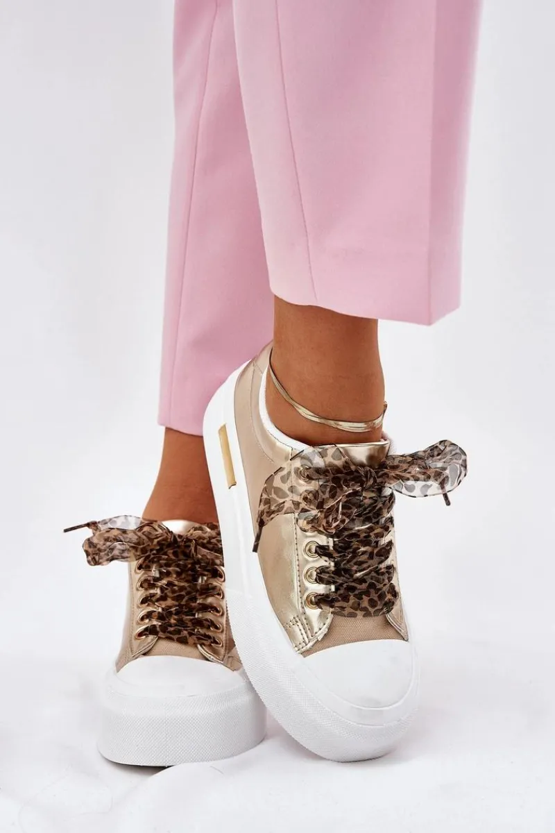 Sale Trampki Damskie Na Masywnej Platformie Z Ozdobnym Sznurowaniem Złote Zidora Damskie Trampki Damskie Niskie