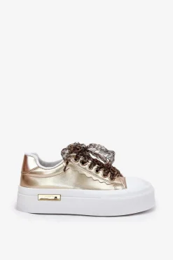 Sale Trampki Damskie Na Masywnej Platformie Z Ozdobnym Sznurowaniem Złote Zidora Damskie Trampki Damskie Niskie