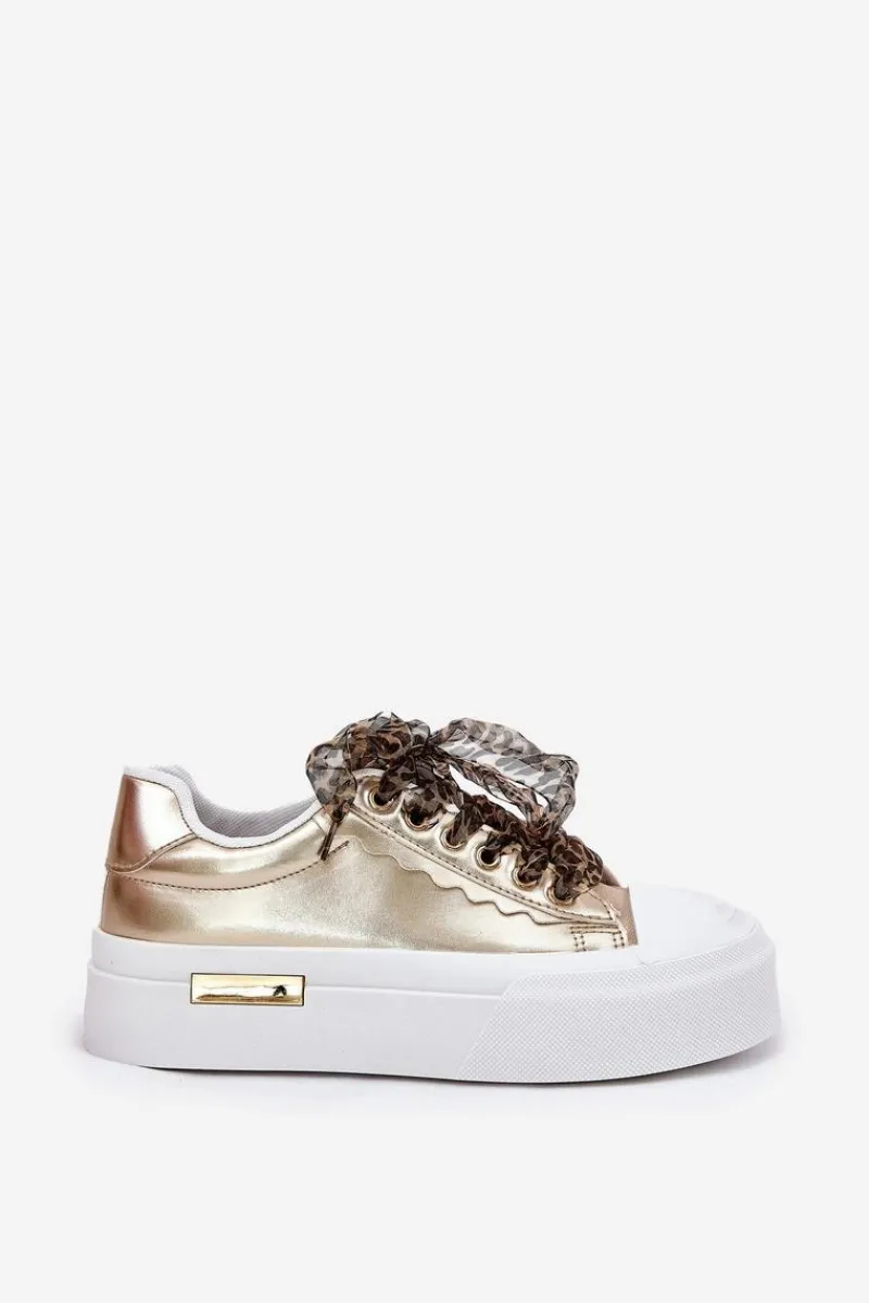 Sale Trampki Damskie Na Masywnej Platformie Z Ozdobnym Sznurowaniem Złote Zidora Damskie Trampki Damskie Niskie