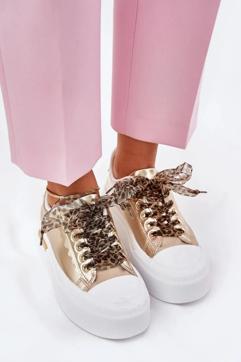 Sale Trampki Damskie Na Masywnej Platformie Z Ozdobnym Sznurowaniem Złote Zidora Damskie Trampki Damskie Niskie