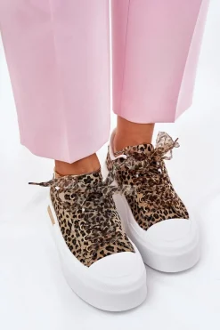 Trampki Damskie Niskie>Boto Trampki Damskie Na Masywnej Platformie Z Ozdobnym Sznurowaniem Panterka Brązowe Zidora Brązowy