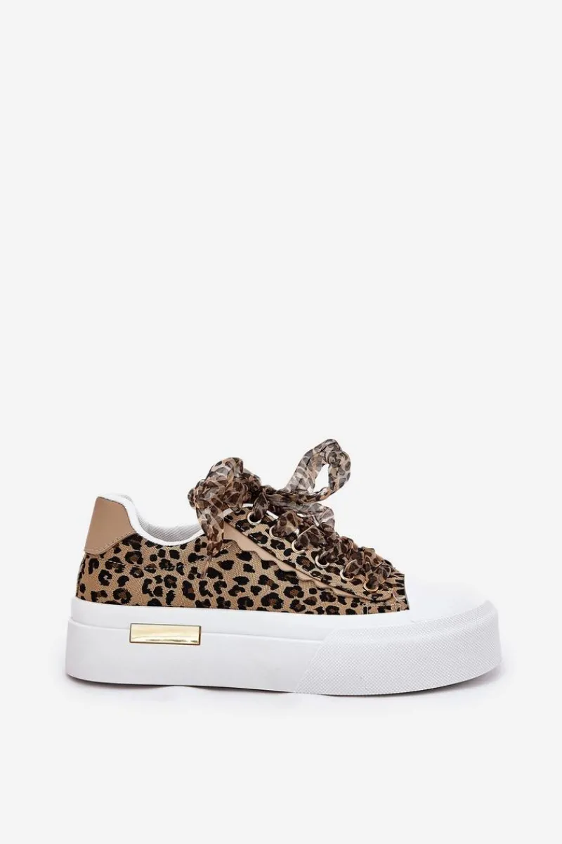 Trampki Damskie Niskie>Boto Trampki Damskie Na Masywnej Platformie Z Ozdobnym Sznurowaniem Panterka Brązowe Zidora Brązowy