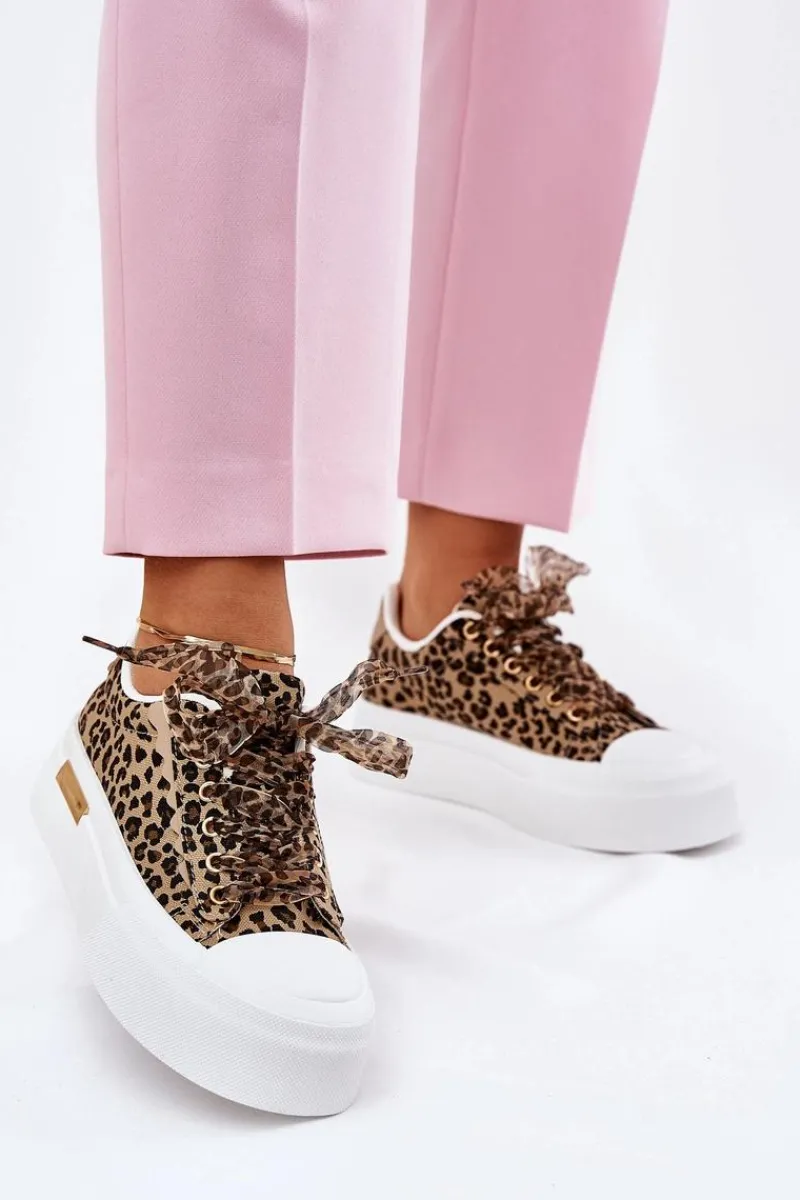 Trampki Damskie Niskie>Boto Trampki Damskie Na Masywnej Platformie Z Ozdobnym Sznurowaniem Panterka Brązowe Zidora Brązowy