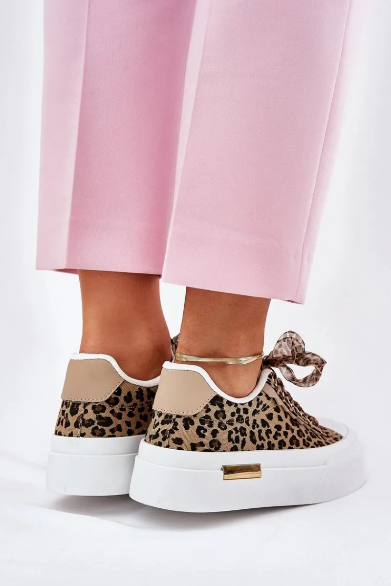 Trampki Damskie Niskie>Boto Trampki Damskie Na Masywnej Platformie Z Ozdobnym Sznurowaniem Panterka Brązowe Zidora Brązowy