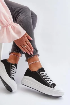 Trampki Damskie Niskie>Boto Trampki Damskie Na Masywnej Platformie Czarne Amyete