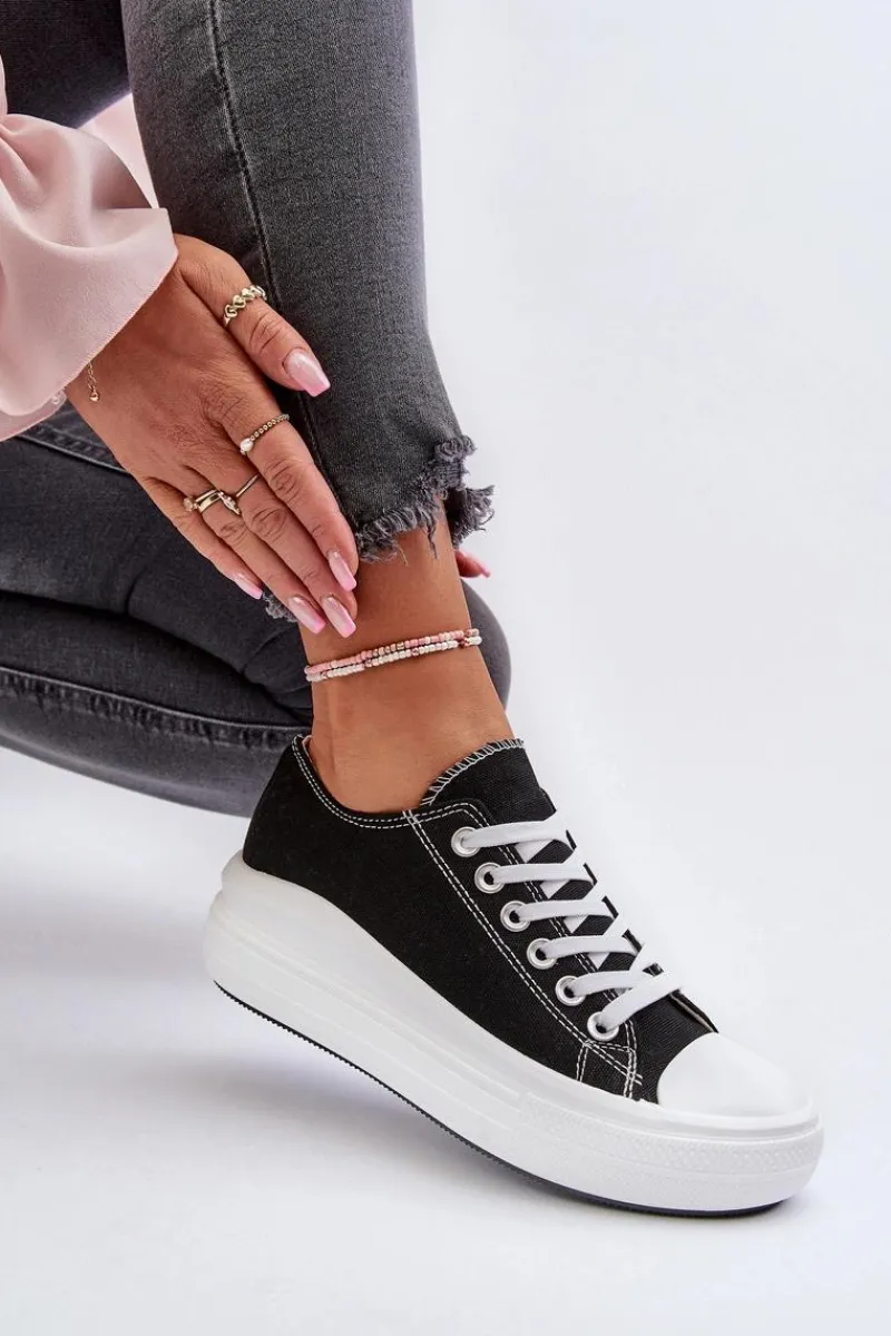 Trampki Damskie Niskie>Boto Trampki Damskie Na Masywnej Platformie Czarne Amyete