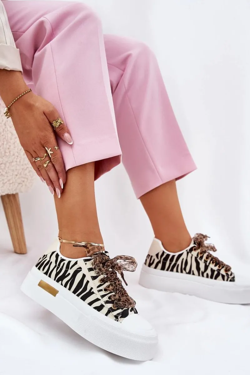 Best Boto Trampki Damskie Na Masywnej Platformie Z Ozdobnym Sznurowaniem Zebra Czarno-Beżowe Zidora