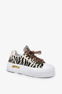 Best Boto Trampki Damskie Na Masywnej Platformie Z Ozdobnym Sznurowaniem Zebra Czarno-Beżowe Zidora